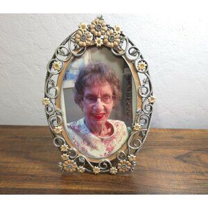 Vntg Sunflower Designs Oval Metal & Enamel Frame 5-1/2" x 3-1/2" Floral Accents